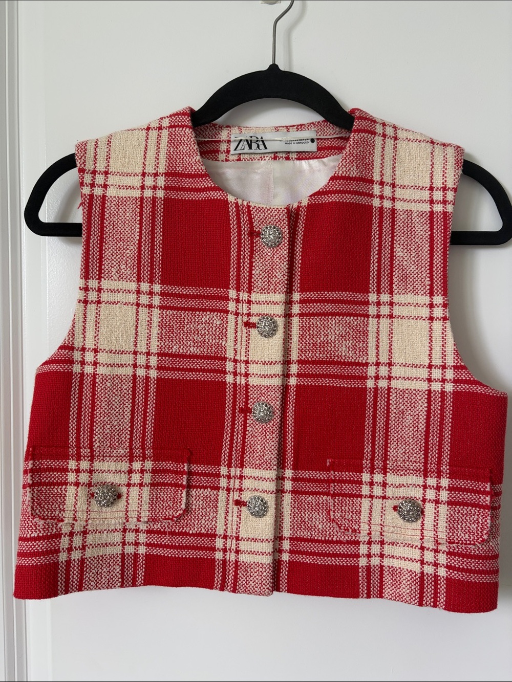 Zara Red and Cream Plaid Button Vest